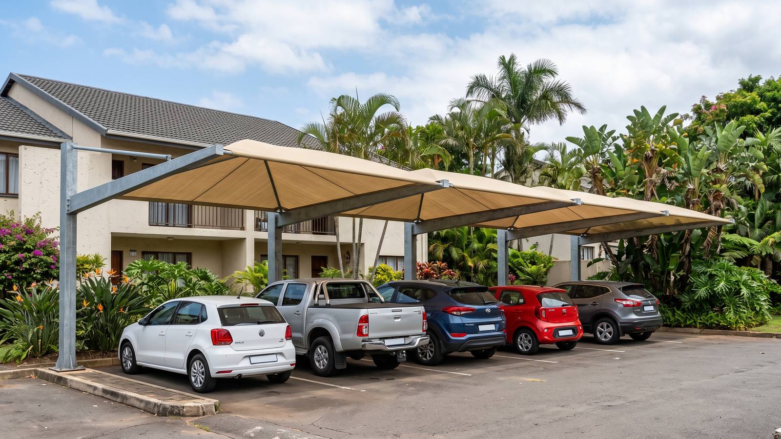 Cantilever shadeport with beige shade cloth over five complex parking bays, no front poles.