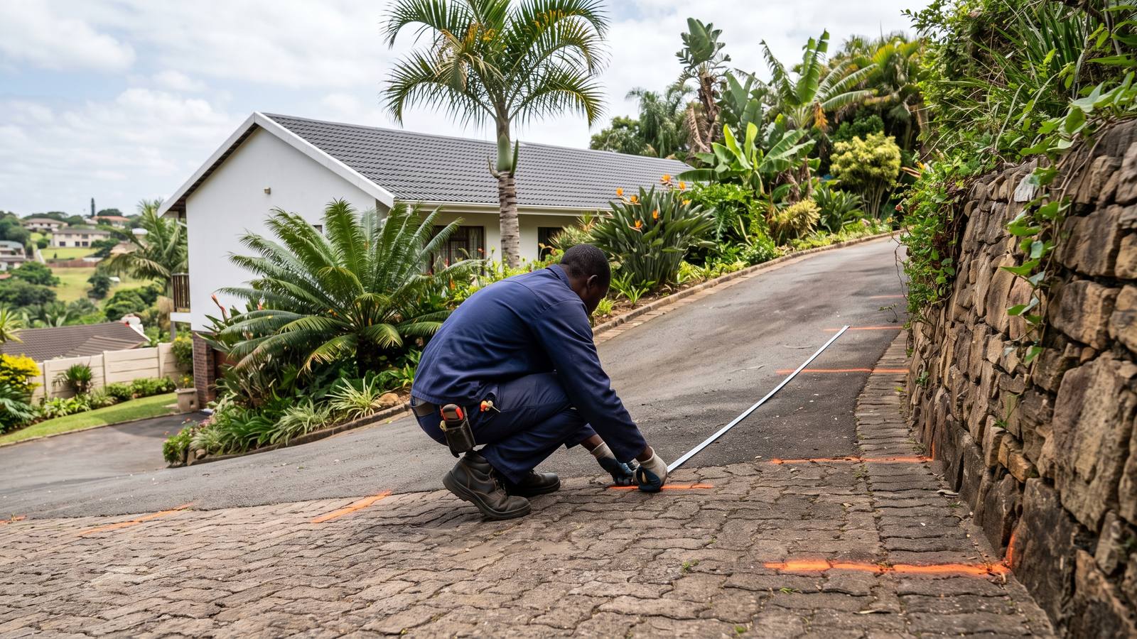 Installer measuring a sloping paved driveway beside a stone retaining wall for shadeport poles.