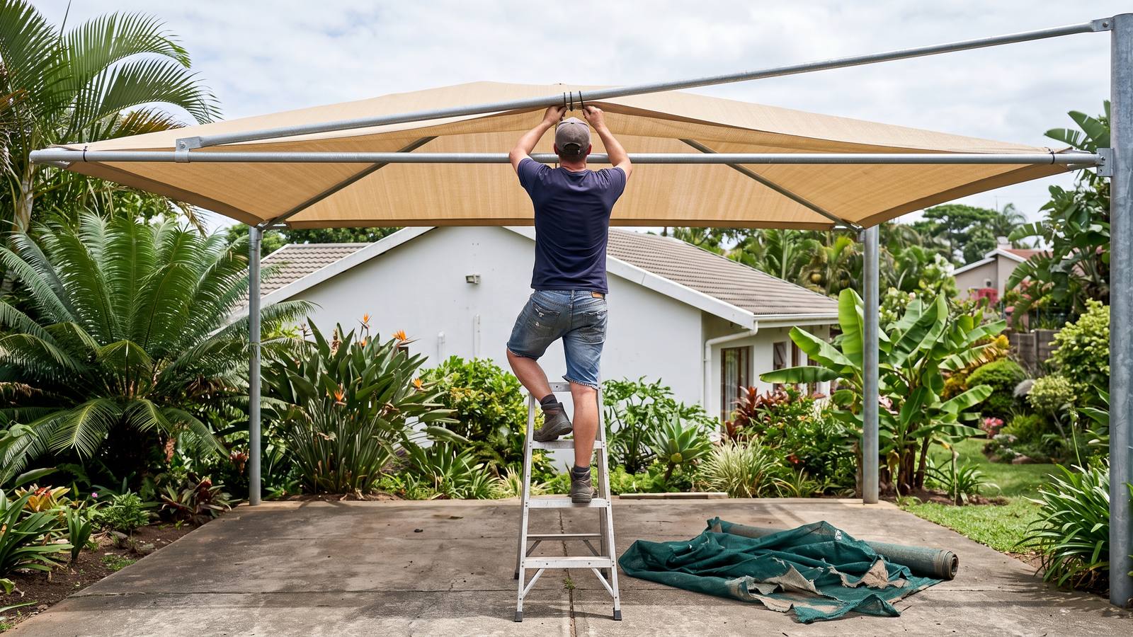 Installer on a stepladder fitting new beige shade cloth to an existing shadeport frame.