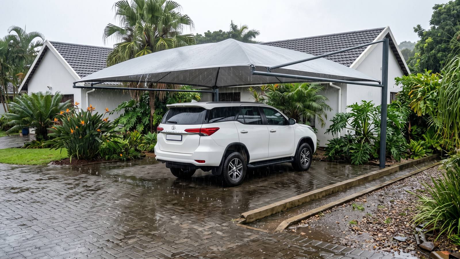 Grey waterproof PVC shadeport shedding rain off its low side while the car underneath stays dry.